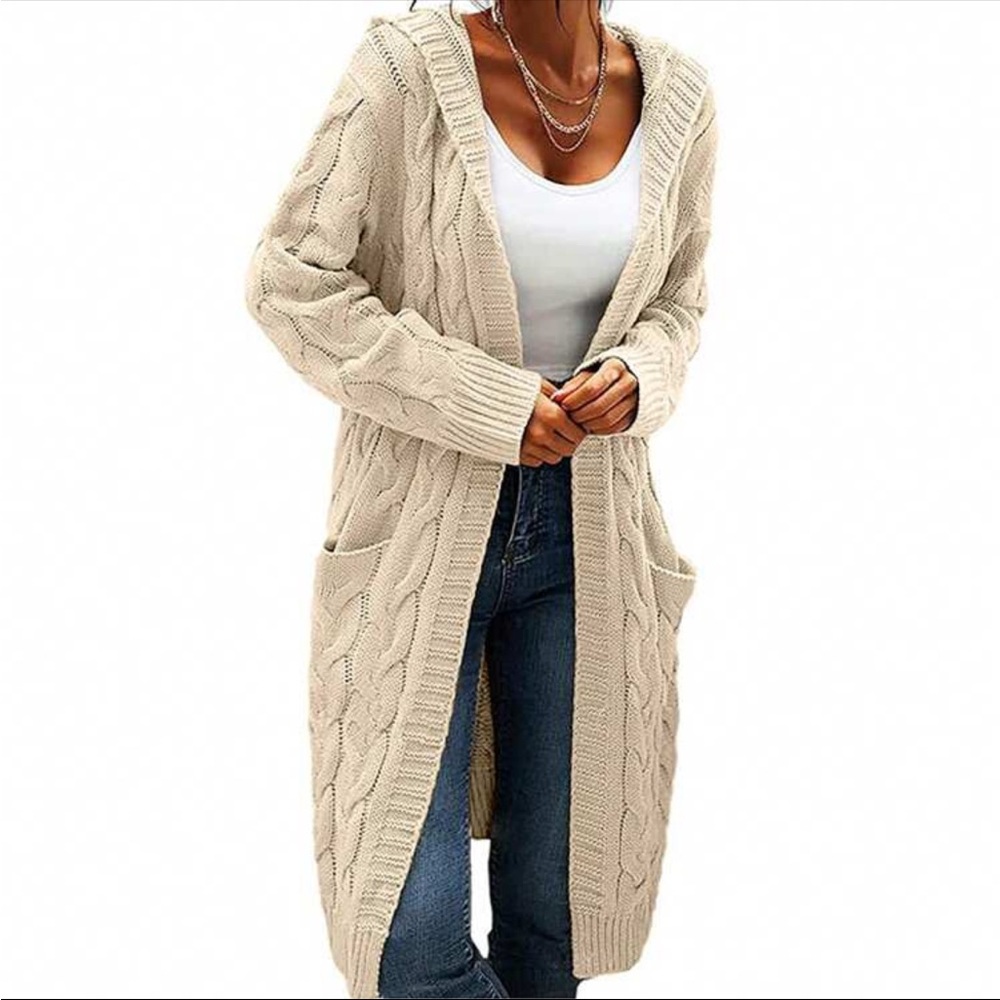 Luxe Cable Knit Long Sleeve Sweater Cardigan Open Front Pocket Hooded Hood - Picture 13 of 16
